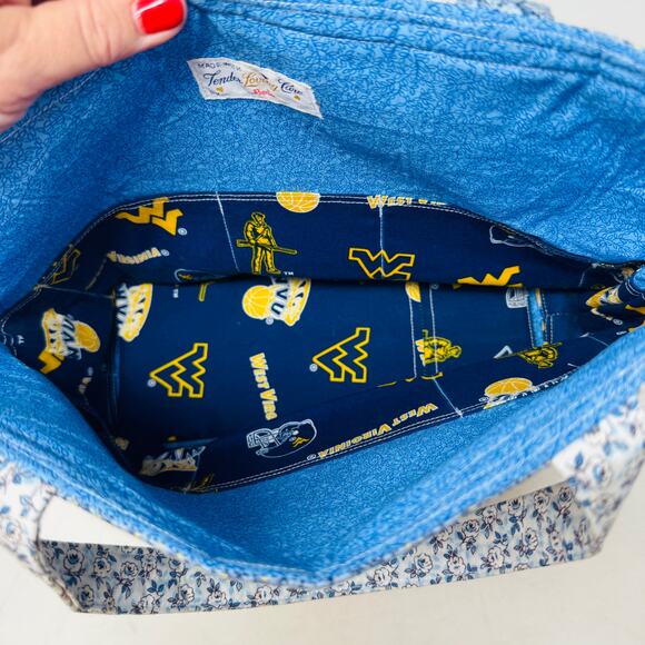 Handmade Floral Patchwork Tote Bag Blue Cottagecore Quilted Purse WVU Lining - Picture 7 of 11